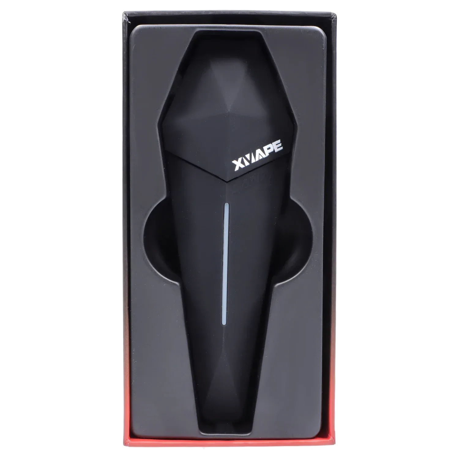 Top-down view of the black XVape Lanza Dry Herb Vaporizer - Black nestled in its molded packaging showing a central LED strip.