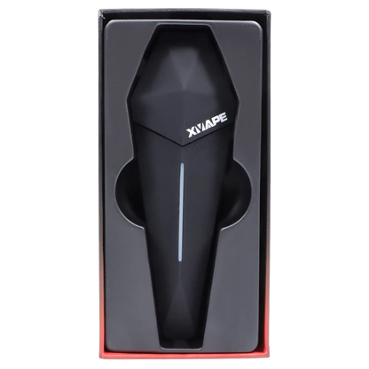 Top-down view of the black XVape Lanza Dry Herb Vaporizer - Black nestled in its molded packaging showing a central LED strip.