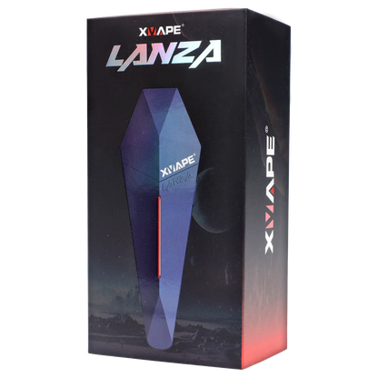 Angled front view of the XVape Lanza Dry Herb Vaporizer - Black box featuring a geometric coffin-shaped vaporizer graphic and holographic logo.