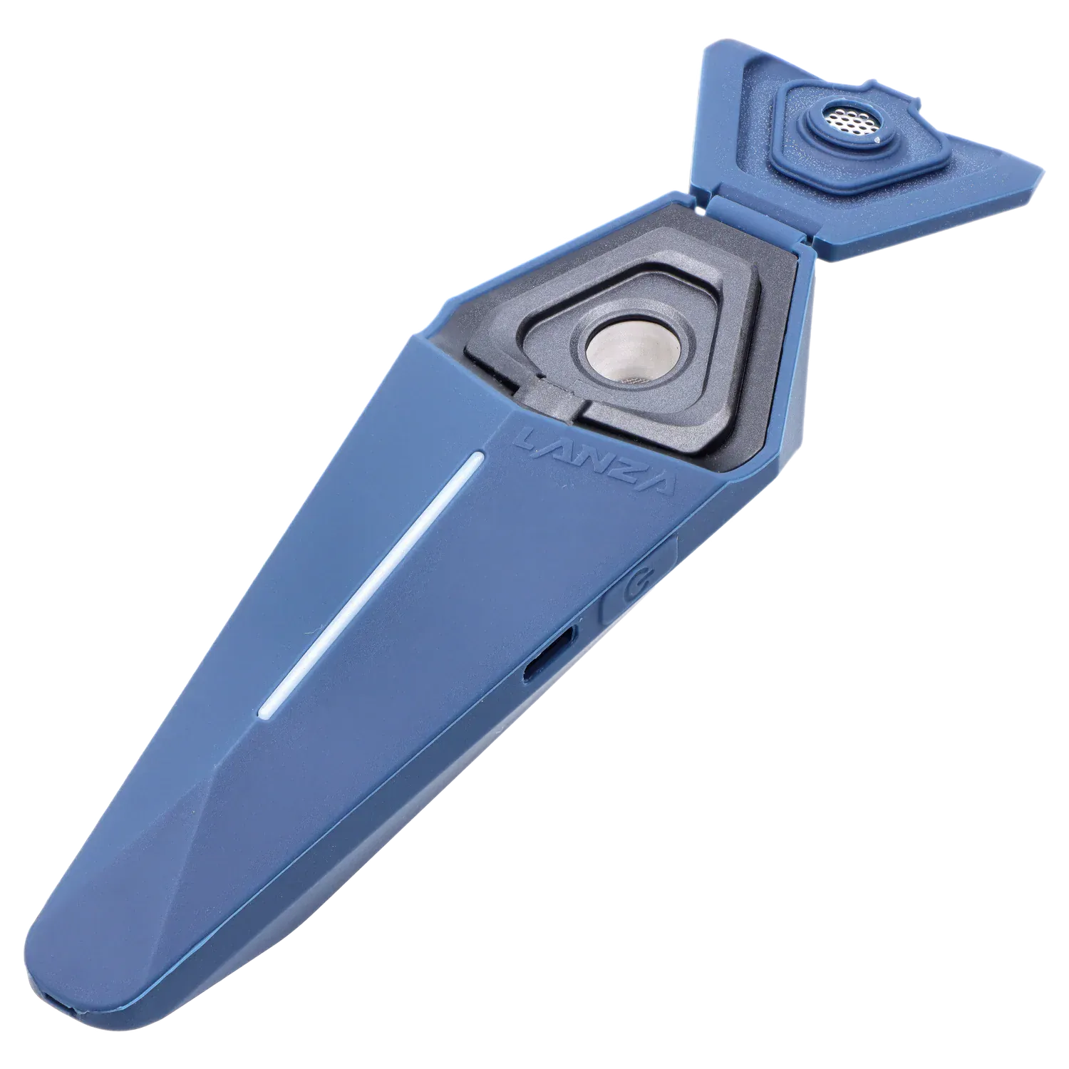 Angled close-up of the blue XVape Lanza Dry Herb Vaporizer with its triangular hinged lid open to reveal the chamber and mouthpiece.