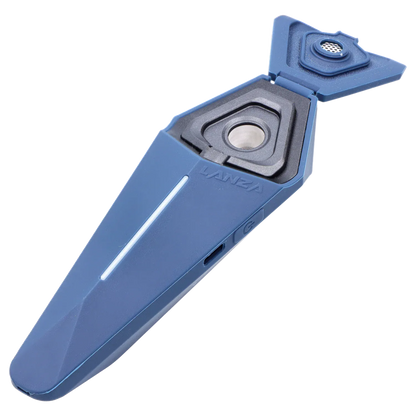 Angled close-up of the blue XVape Lanza Dry Herb Vaporizer with its triangular hinged lid open to reveal the chamber and mouthpiece.