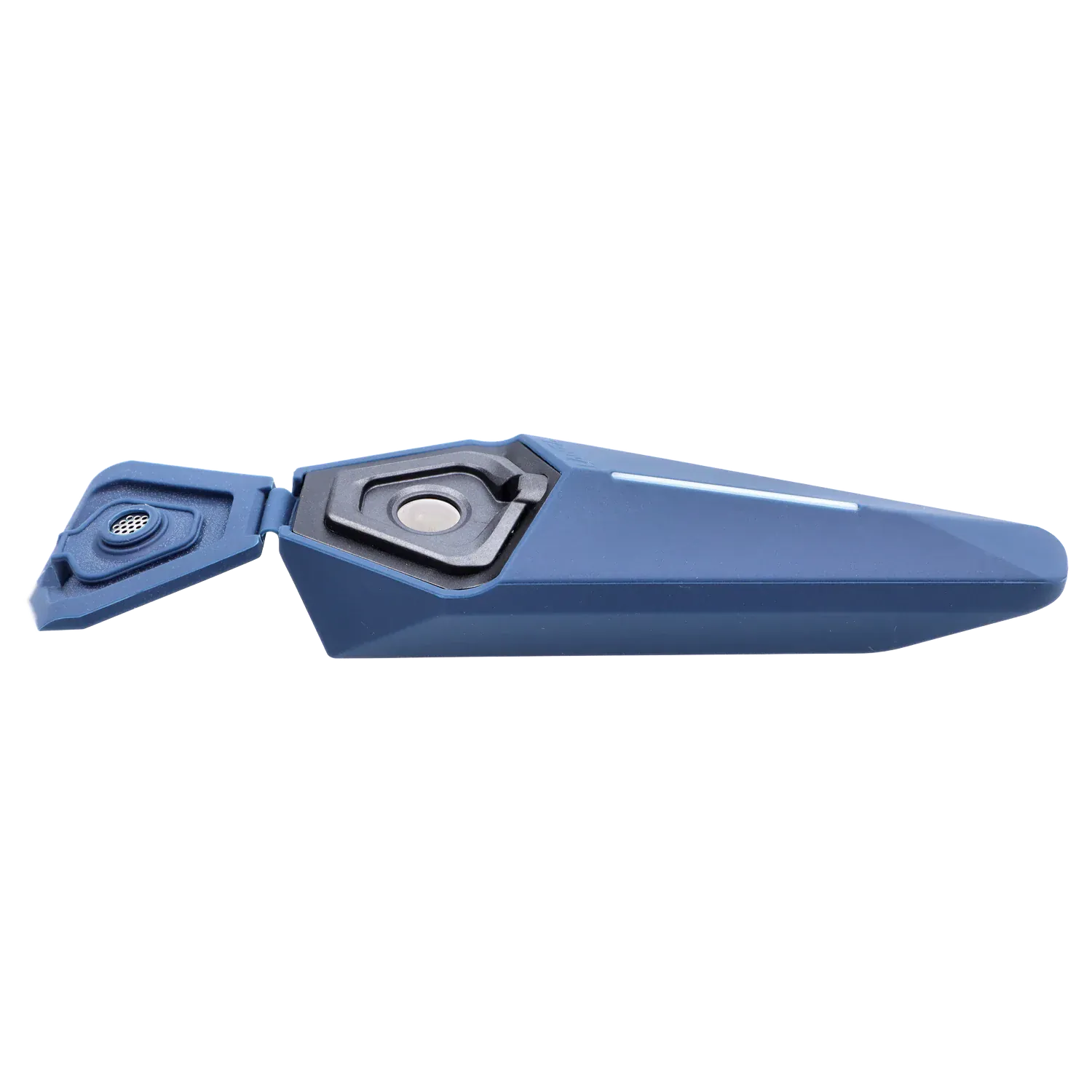 Side view of the blue XVape Lanza Dry Herb Vaporizer with its triangular lid open revealing the angled black oven and mouthpiece.