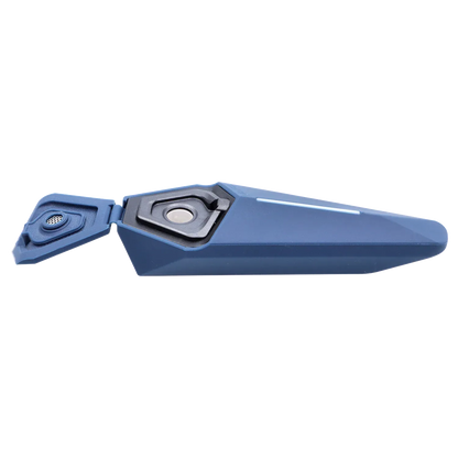 Side view of the blue XVape Lanza Dry Herb Vaporizer with its triangular lid open revealing the angled black oven and mouthpiece.