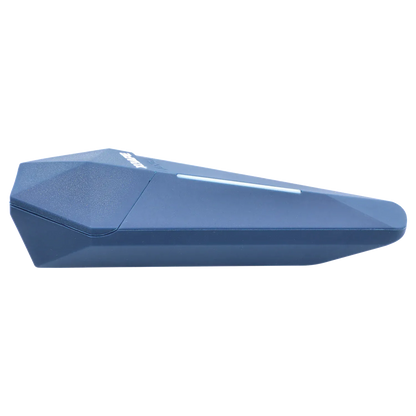 Side profile of the blue XVape Lanza Dry Herb Vaporizer showing its faceted, tapered body and centered LED strip against a white background.