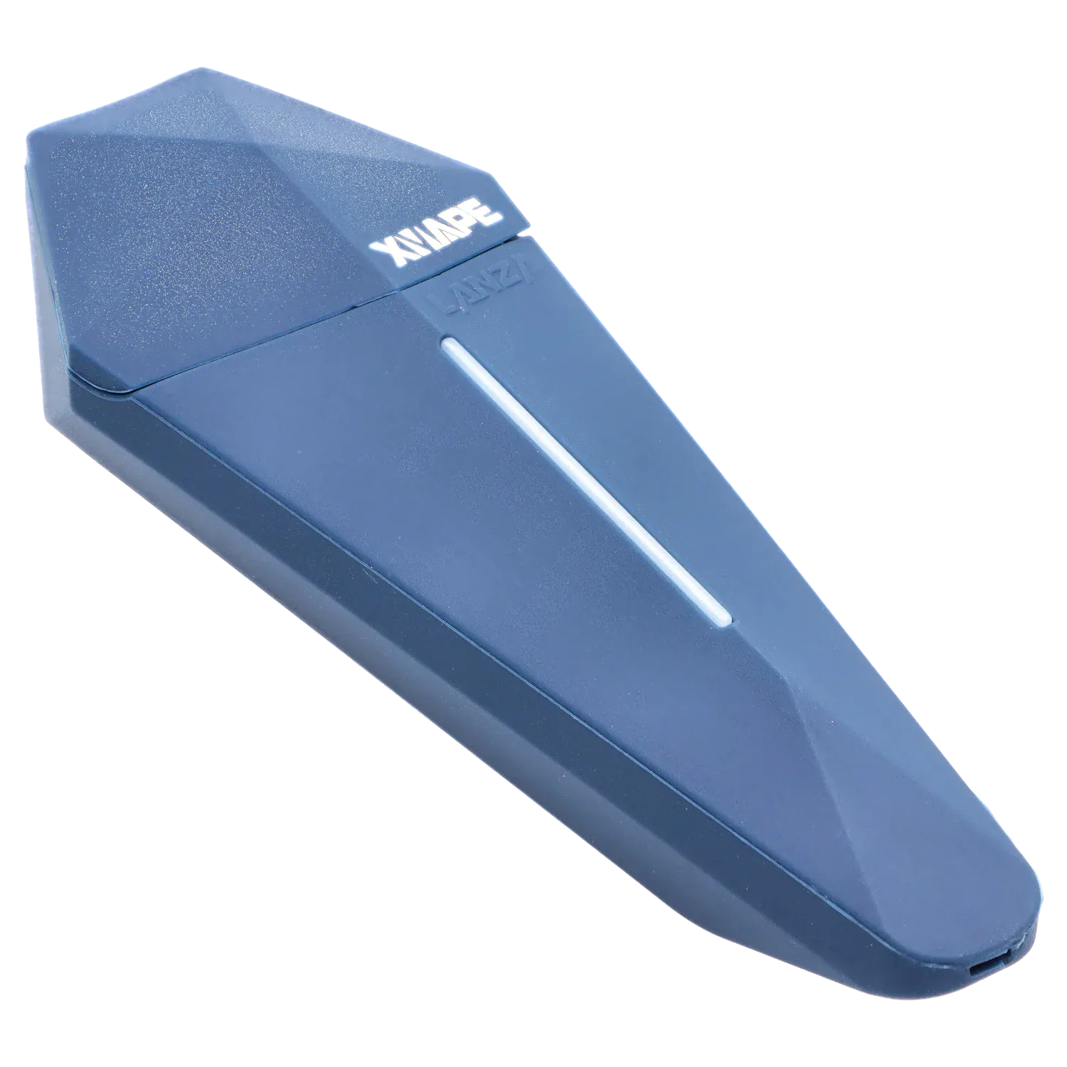 Angled close-up of the blue XVape Lanza Dry Herb Vaporizer showing its faceted top, central LED strip, and glossy XVAPE logo.