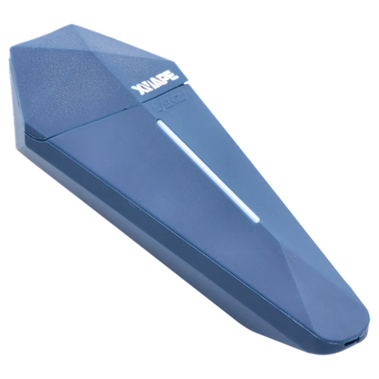Angled close-up of the blue XVape Lanza Dry Herb Vaporizer showing its faceted top, central LED strip, and glossy XVAPE logo.