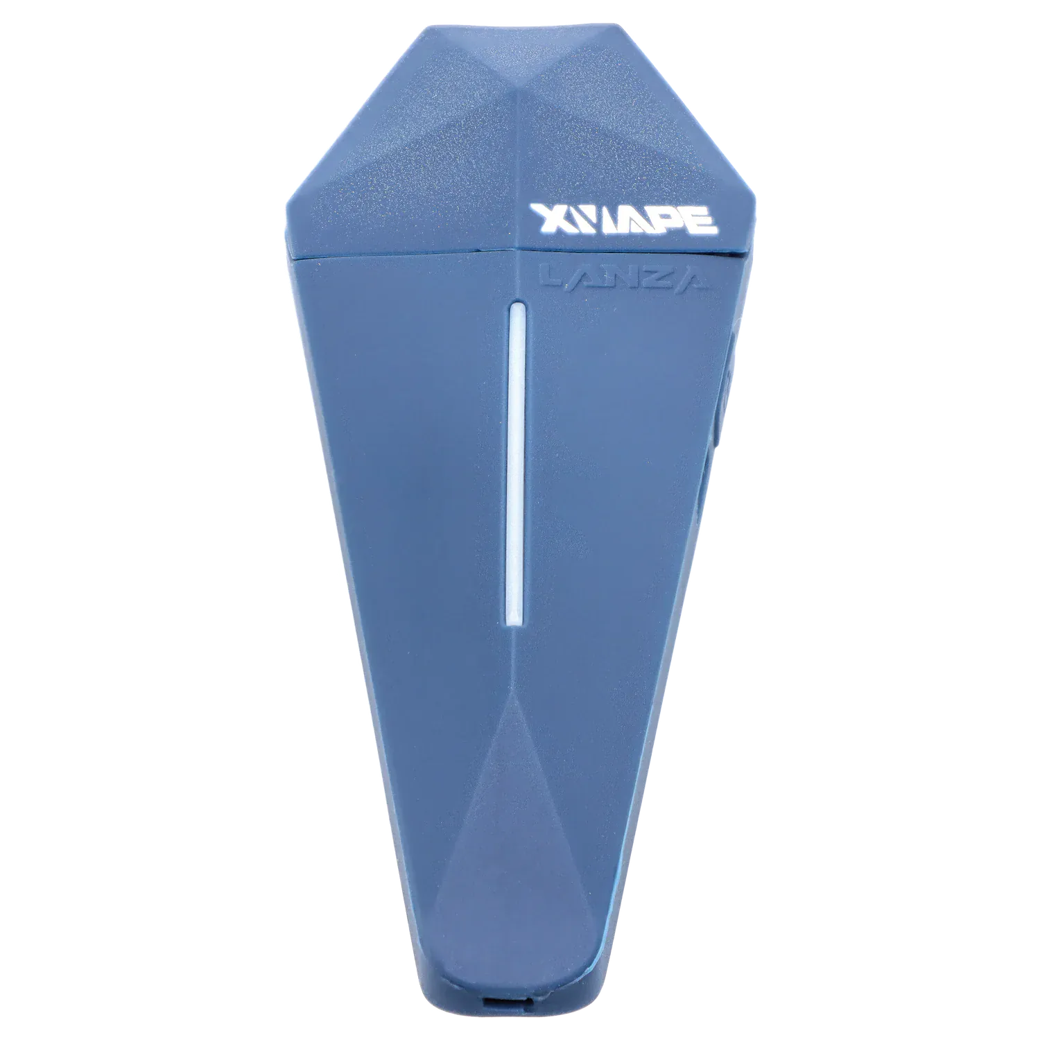 Top-down close-up of the blue XVape Lanza Dry Herb Vaporizer showing its faceted coffin-shaped cap, central status light, and embossed logo.