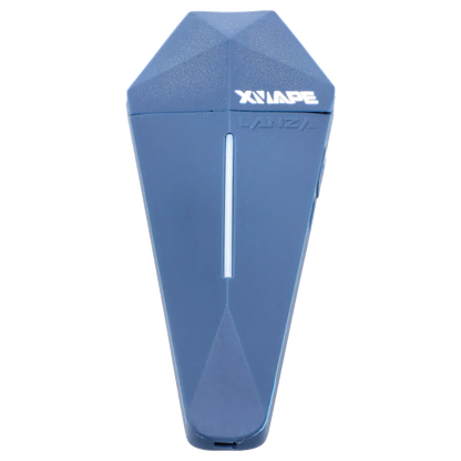 Top-down close-up of the blue XVape Lanza Dry Herb Vaporizer showing its faceted coffin-shaped cap, central status light, and embossed logo.