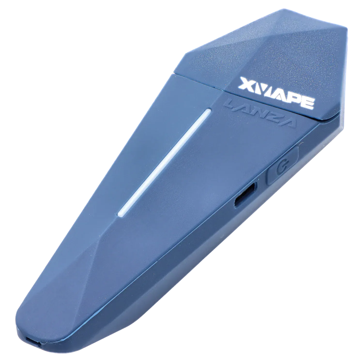 Close-up angled view of the blue XVape Lanza Dry Herb Vaporizer showing its faceted top, illuminated center strip, and side power button.