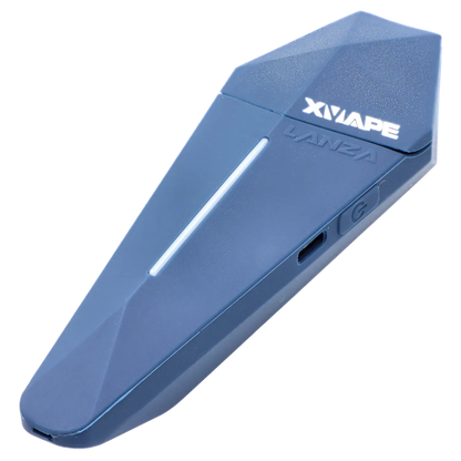 Close-up angled view of the blue XVape Lanza Dry Herb Vaporizer showing its faceted top, illuminated center strip, and side power button.