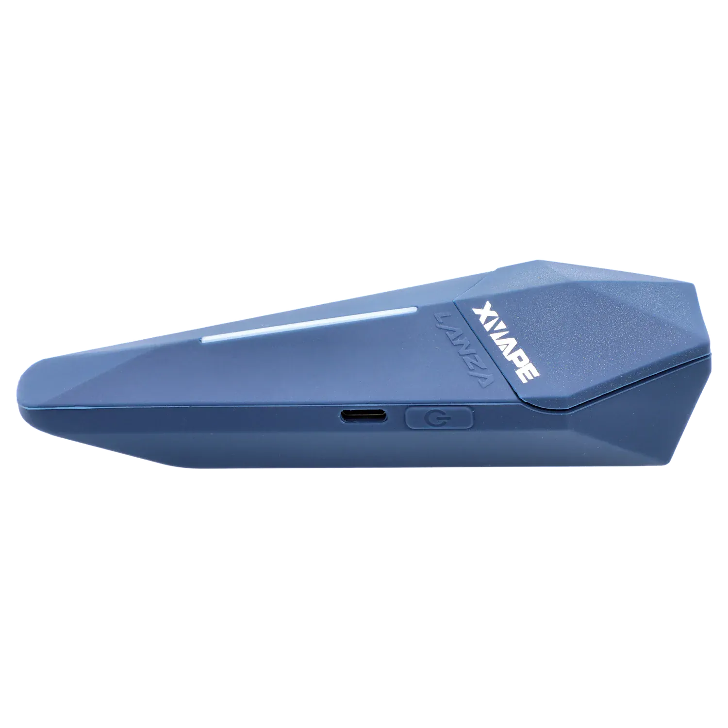 Side profile close-up of the blue XVape Lanza Dry Herb Vaporizer resting on a white background, showing its angular body and USB-C port.