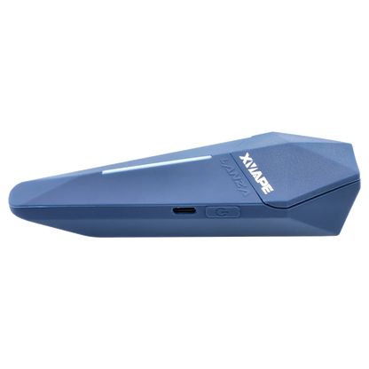 Side profile close-up of the blue XVape Lanza Dry Herb Vaporizer resting on a white background, showing its angular body and USB-C port.