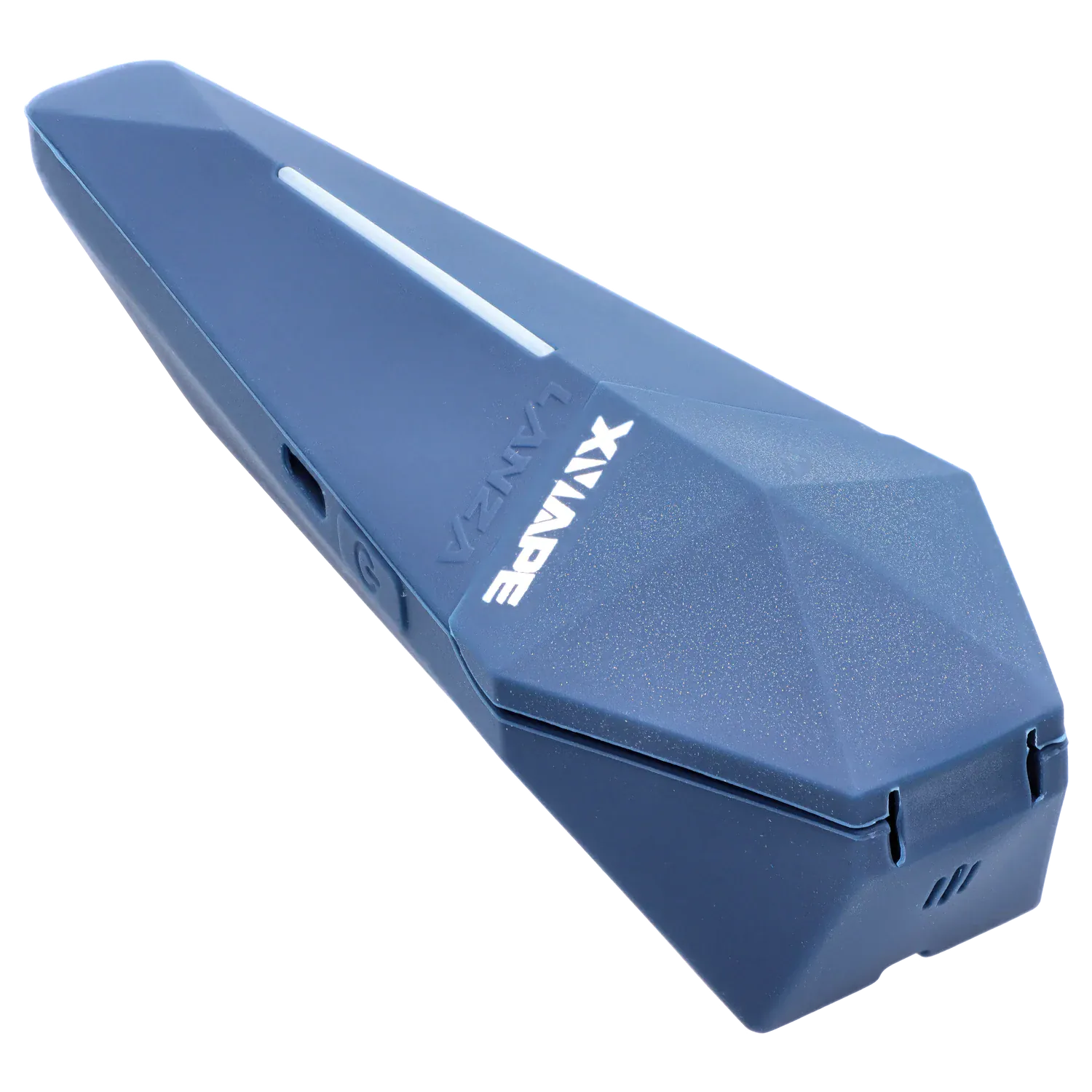 Angled close-up of the blue XVape Lanza Dry Herb Vaporizer showing its faceted top, recessed LED strip, and embossed XVAPE logo.