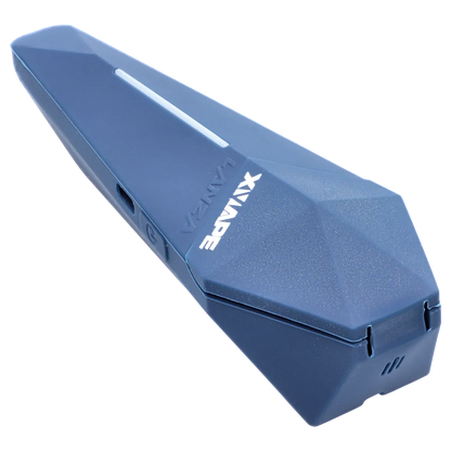 Angled close-up of the blue XVape Lanza Dry Herb Vaporizer showing its faceted top, recessed LED strip, and embossed XVAPE logo.