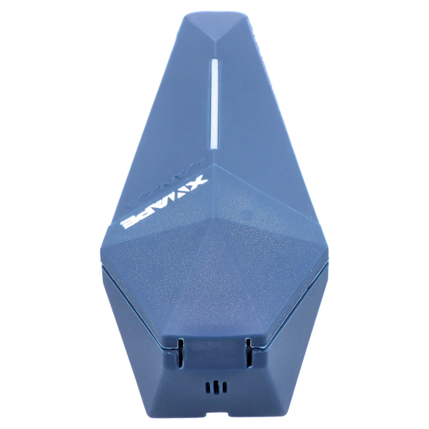 Top-down close-up of the blue XVape Lanza Dry Herb Vaporizer showing its faceted triangular body, central LED strip, and hinge detail.