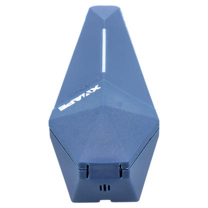 Top-down close-up of the blue XVape Lanza Dry Herb Vaporizer showing its faceted triangular body, central LED strip, and hinge detail.
