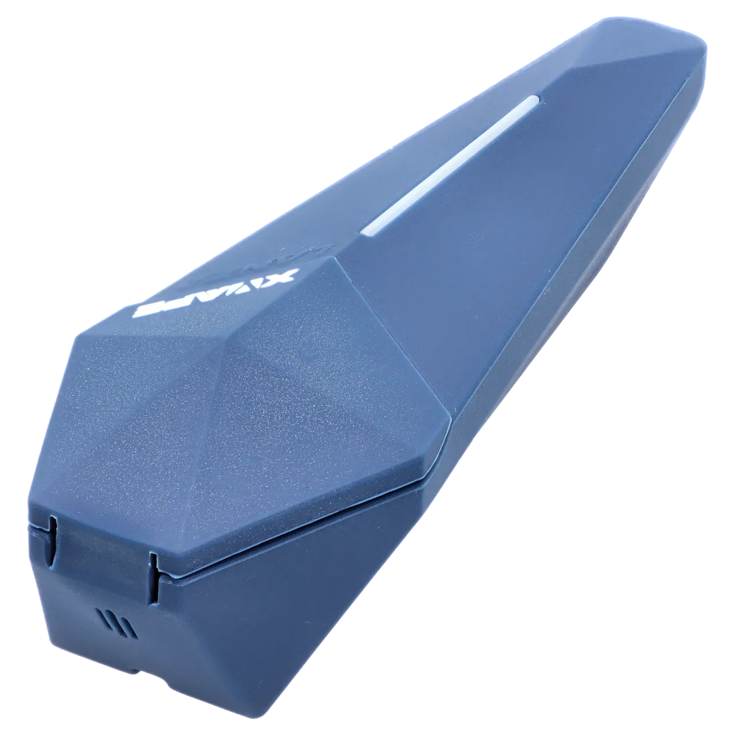 Angled close-up of the blue XVape Lanza Dry Herb Vaporizer - Blue showing its faceted top, central LED strip, and hinge detail.