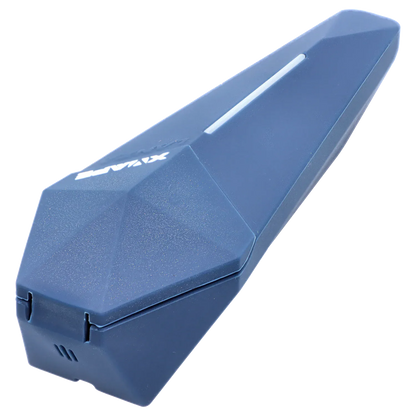 Angled close-up of the blue XVape Lanza Dry Herb Vaporizer - Blue showing its faceted top, central LED strip, and hinge detail.