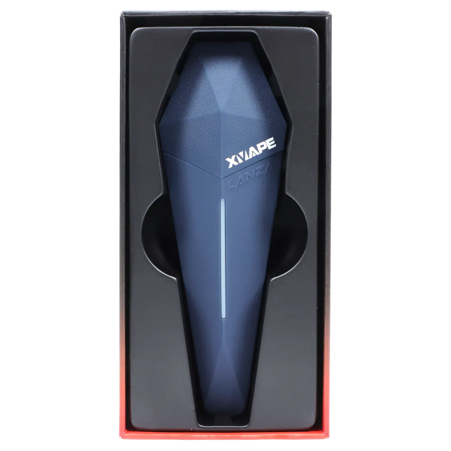 Top-down view of the blue XVape Lanza Dry Herb Vaporizer seated in black molded packaging, showing its faceted, tapered body and vertical LED strip.