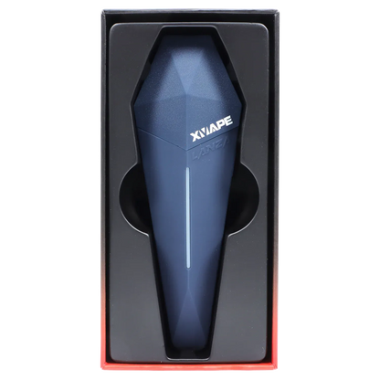 Top-down view of the blue XVape Lanza Dry Herb Vaporizer seated in black molded packaging, showing its faceted, tapered body and vertical LED strip.
