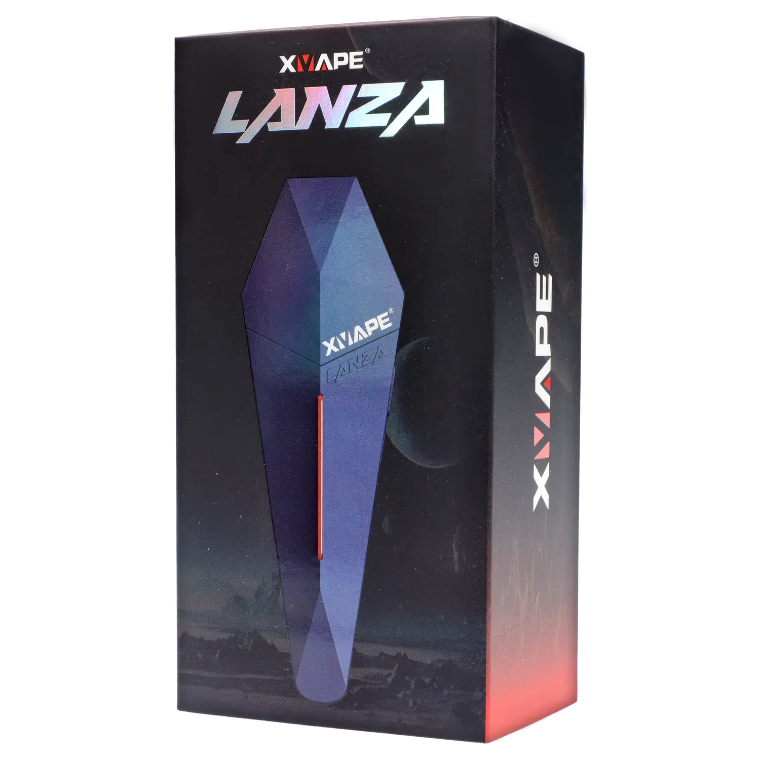 Angled front view of the black box packaging showing the blue XVape Lanza Dry Herb Vaporizer graphic and logo.