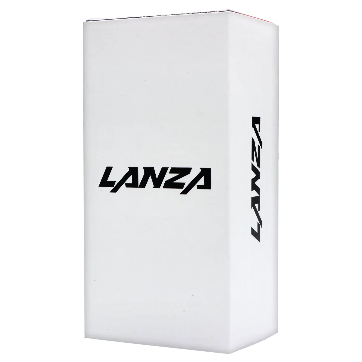 Angled close-up of the white packaging box for the XVape Lanza Dry Herb Vaporizer - Blue showing bold black "LANZA" text on the front and side.