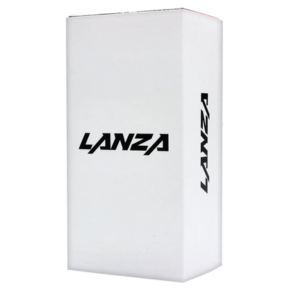 Angled close-up of the white packaging box for the XVape Lanza Dry Herb Vaporizer - Blue showing bold black "LANZA" text on the front and side.