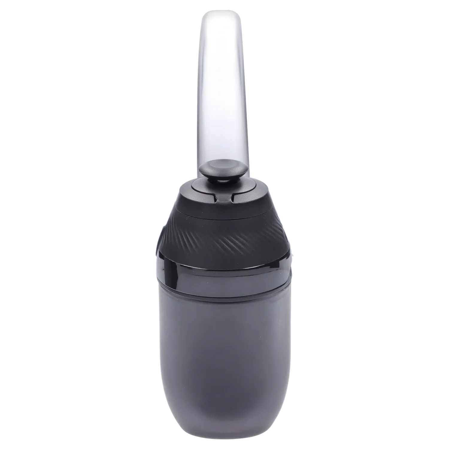 Straight-on close-up of the black Puffco Proxy 2.0 - Onyx showing its tall arced glass mouthpiece and textured conical top against a white background
