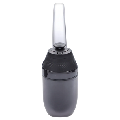 Straight-on close-up of the black Puffco Proxy 2.0 - Onyx showing its tall arced glass mouthpiece and textured conical top against a white background