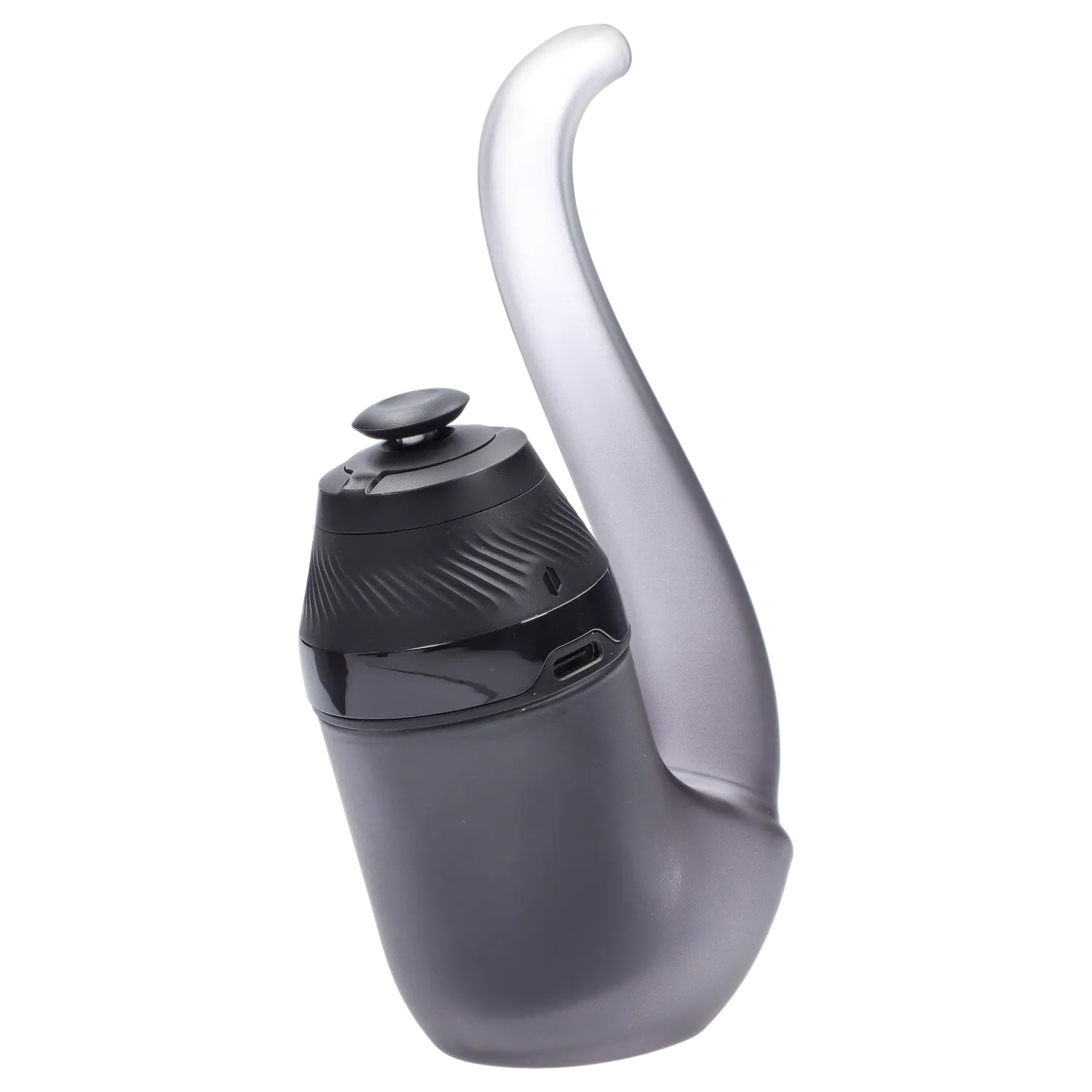 Angled close-up of the black Puffco Proxy 2.0 - Onyx showing its textured top, USB-C port, and curved handle against a white background