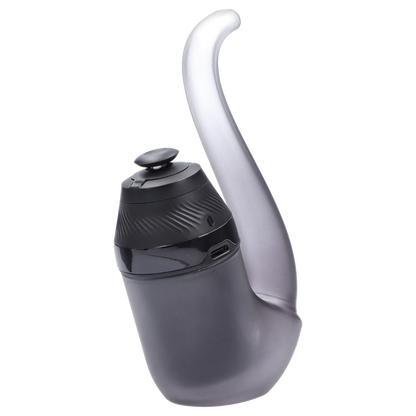 Angled close-up of the black Puffco Proxy 2.0 - Onyx showing its textured top, USB-C port, and curved handle against a white background