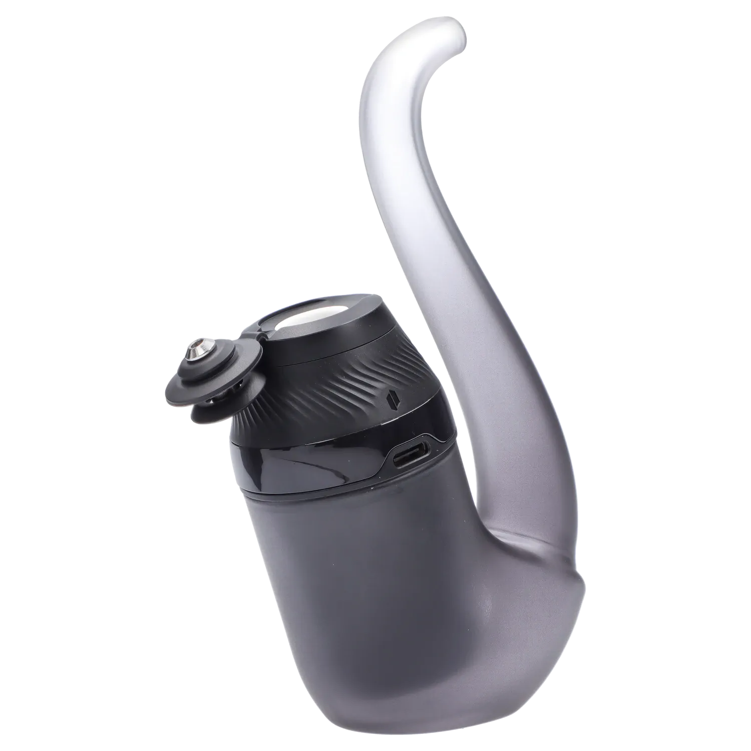 Angled close-up of the Puffco Proxy 2.0 - Onyx showing the curved handset arm and textured black mouthpiece assembly against a white background