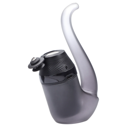 Angled close-up of the Puffco Proxy 2.0 - Onyx showing the curved handset arm and textured black mouthpiece assembly against a white background