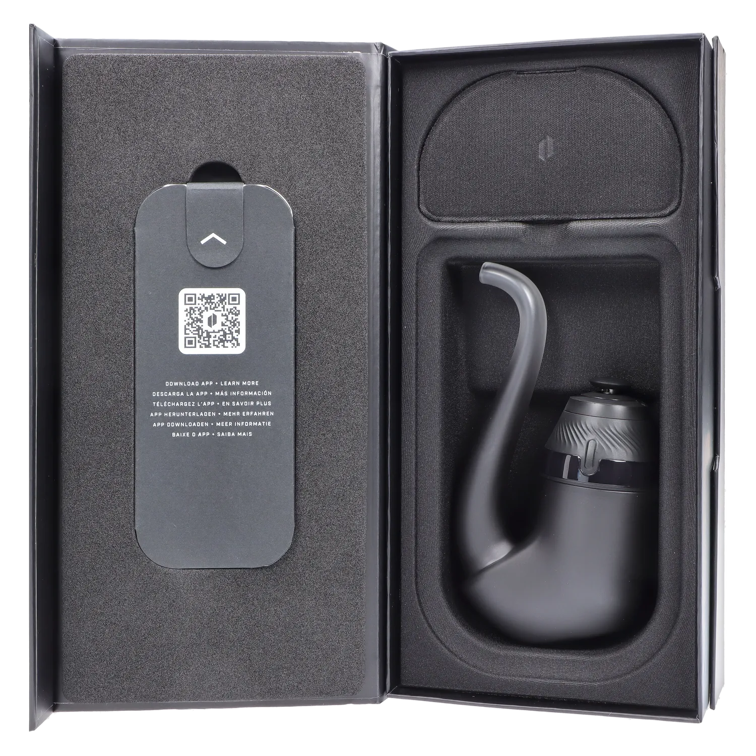 Top-down view of the Puffco Proxy 2.0 - Onyx nestled in black foam packaging with its curved mouthpiece and QR code insert visible.