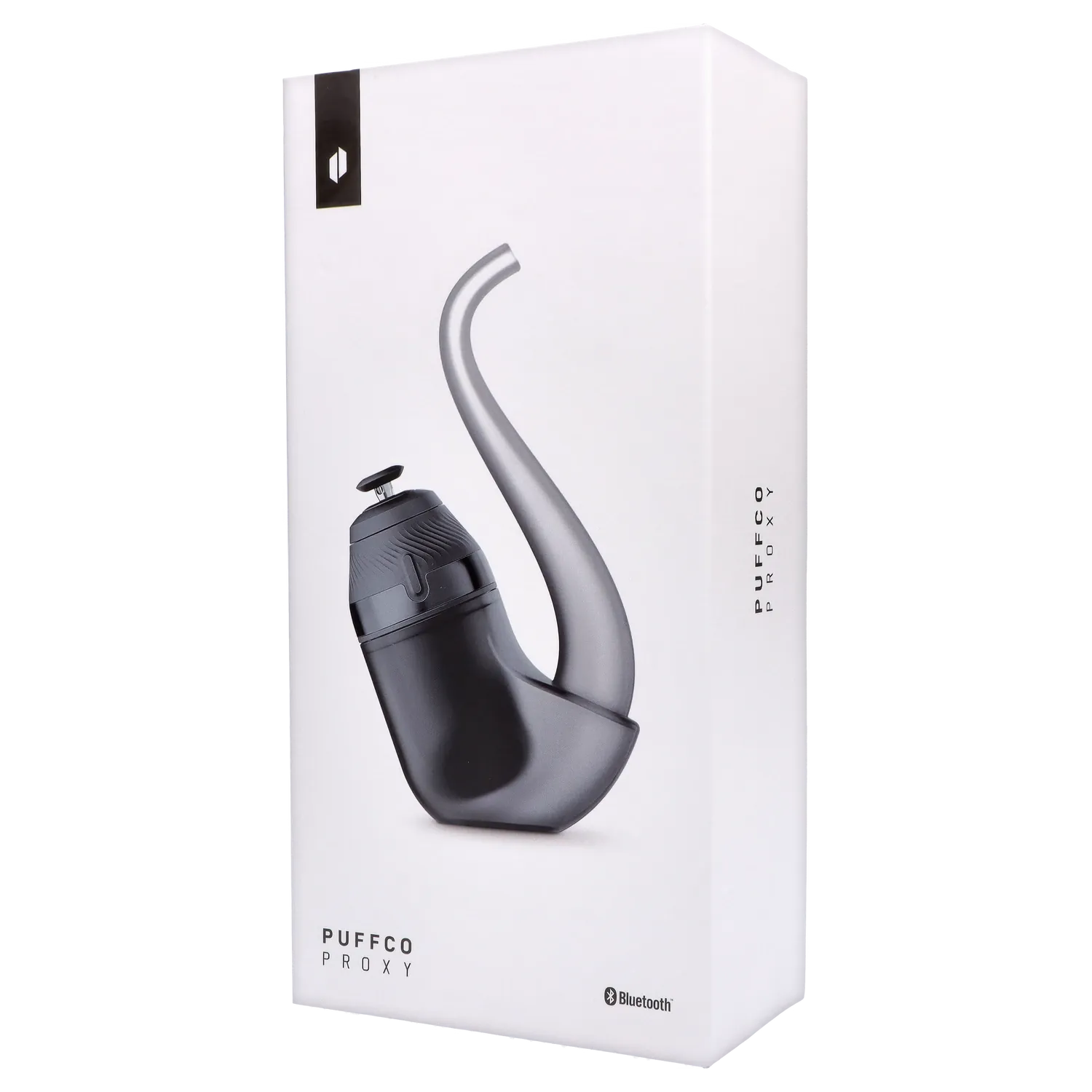 Angled close-up of the Puffco Proxy 2.0 - Onyx on white packaging, showing the curved mouthpiece and matte black body.