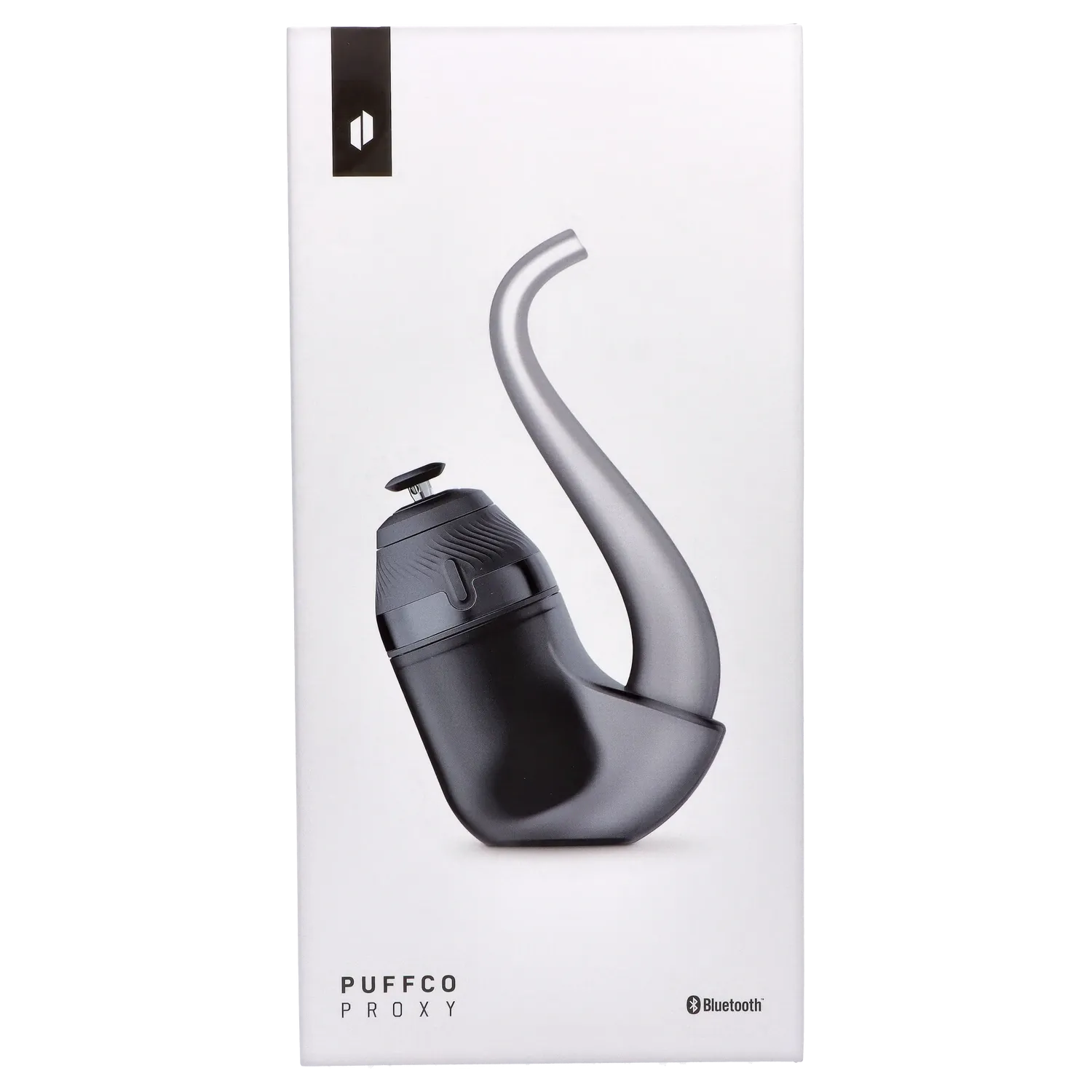 Minimal studio shot of the Puffco Proxy 2.0 - Onyx shown in profile against a white background, highlighting its curved stem and matte black body.