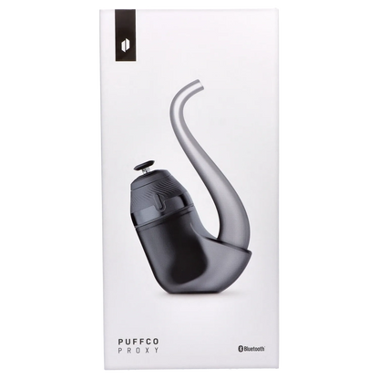 Minimal studio shot of the Puffco Proxy 2.0 - Onyx shown in profile against a white background, highlighting its curved stem and matte black body.