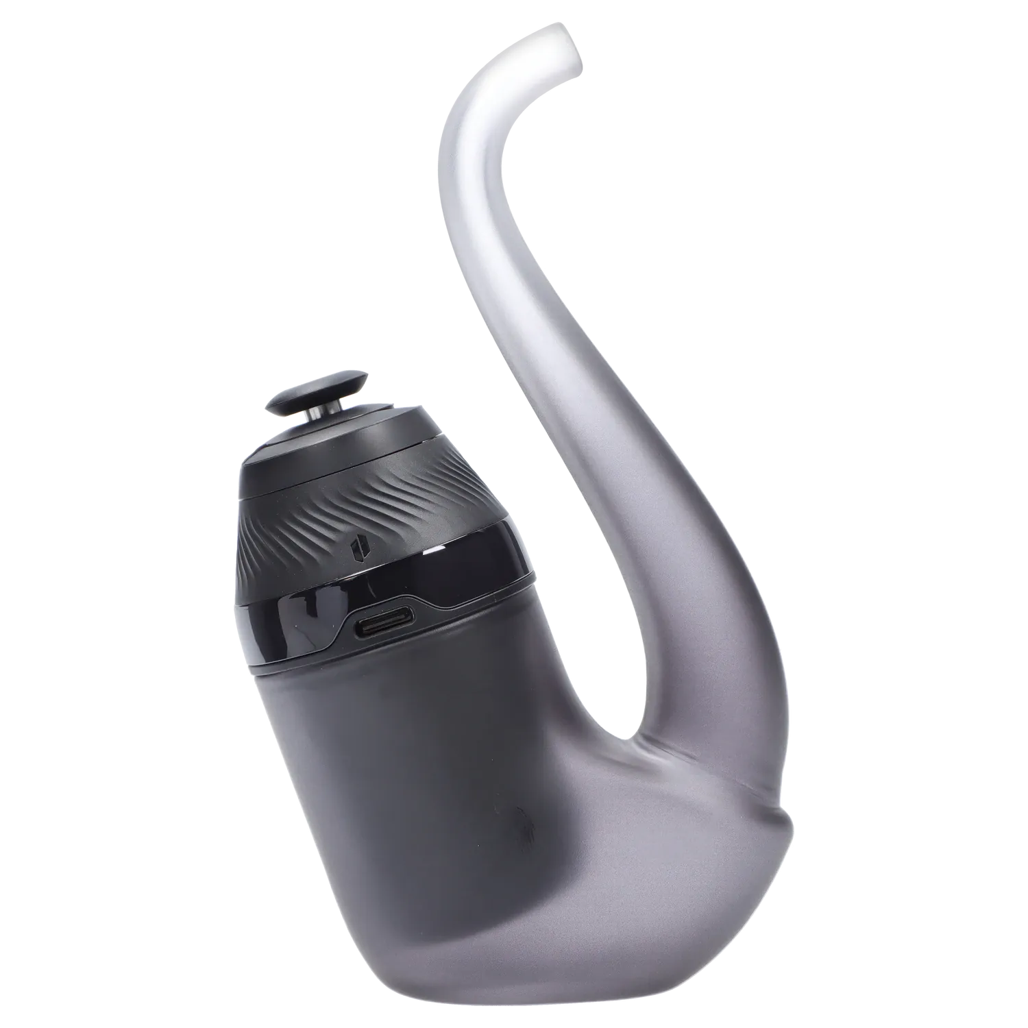 Angled close-up of the Onyx Puffco Proxy 2.0 showing the textured black mouthpiece and curved gray stem against a white background