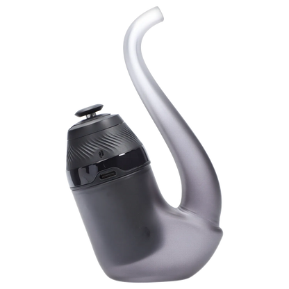 Angled close-up of the Onyx Puffco Proxy 2.0 showing the textured black mouthpiece and curved gray stem against a white background
