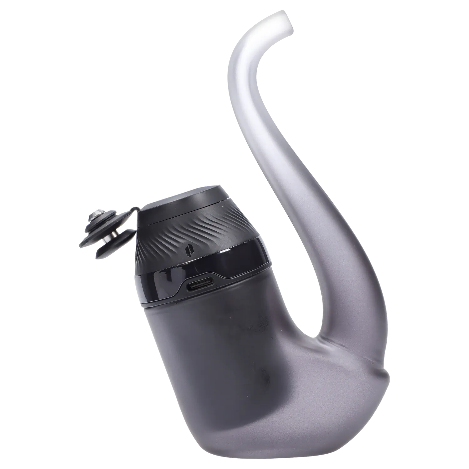 Angled close-up of the Puffco Proxy 2.0 - Onyx showing its curved stem, textured black top section, and glossy mouthpiece against a white background