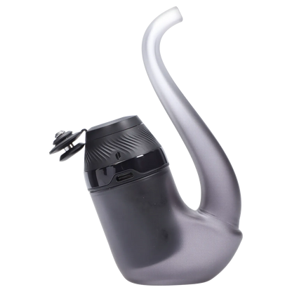 Angled close-up of the Puffco Proxy 2.0 - Onyx showing its curved stem, textured black top section, and glossy mouthpiece against a white background