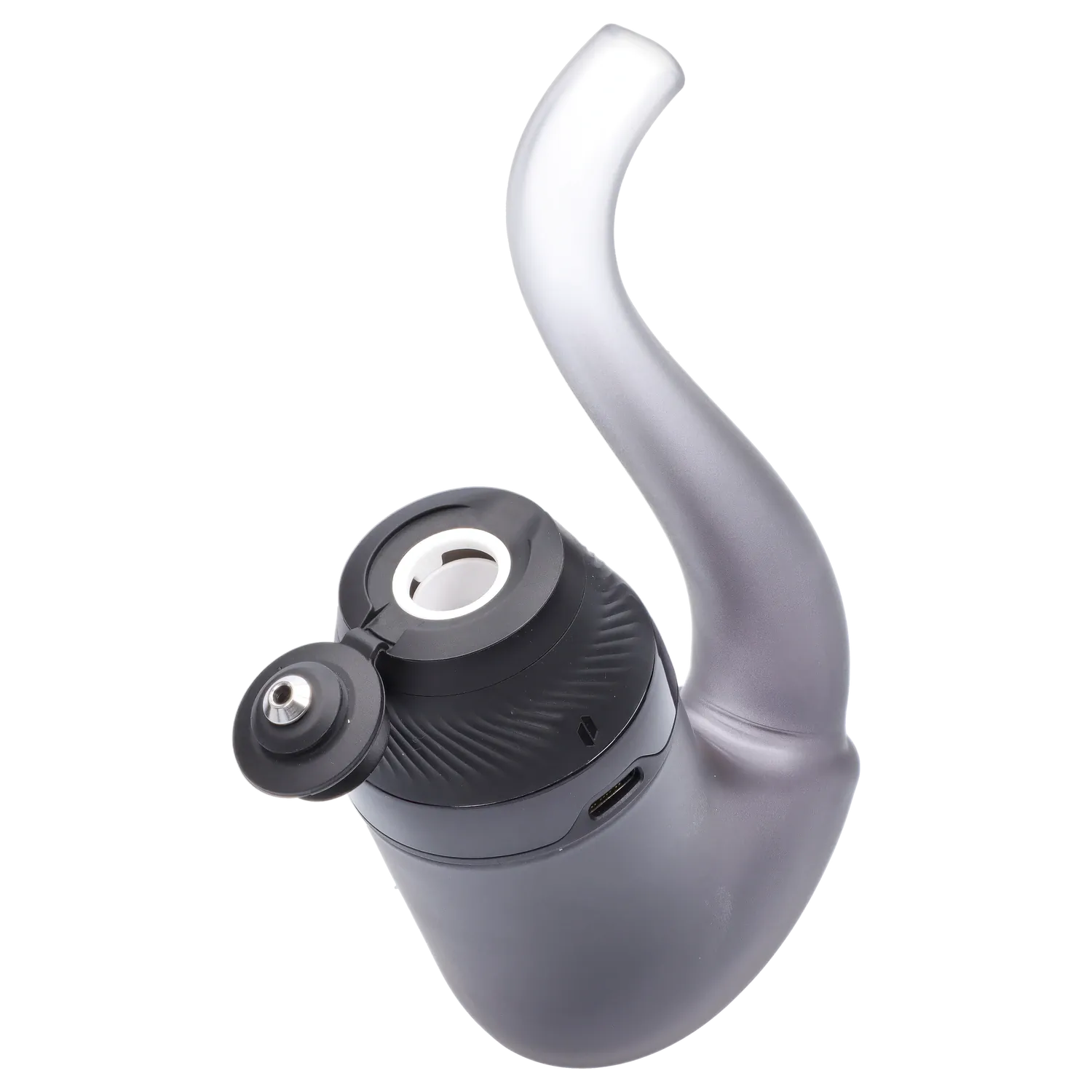 Angled close-up of the Puffco Proxy 2.0 - Onyx showing its curved gray stem and top chamber with an open mouthpiece.