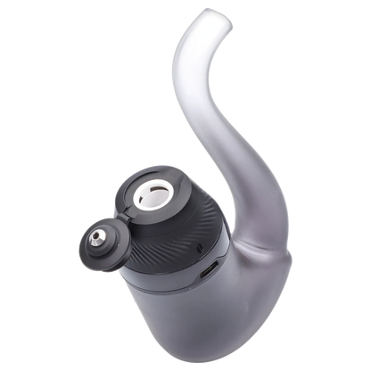 Angled close-up of the Puffco Proxy 2.0 - Onyx showing its curved gray stem and top chamber with an open mouthpiece.