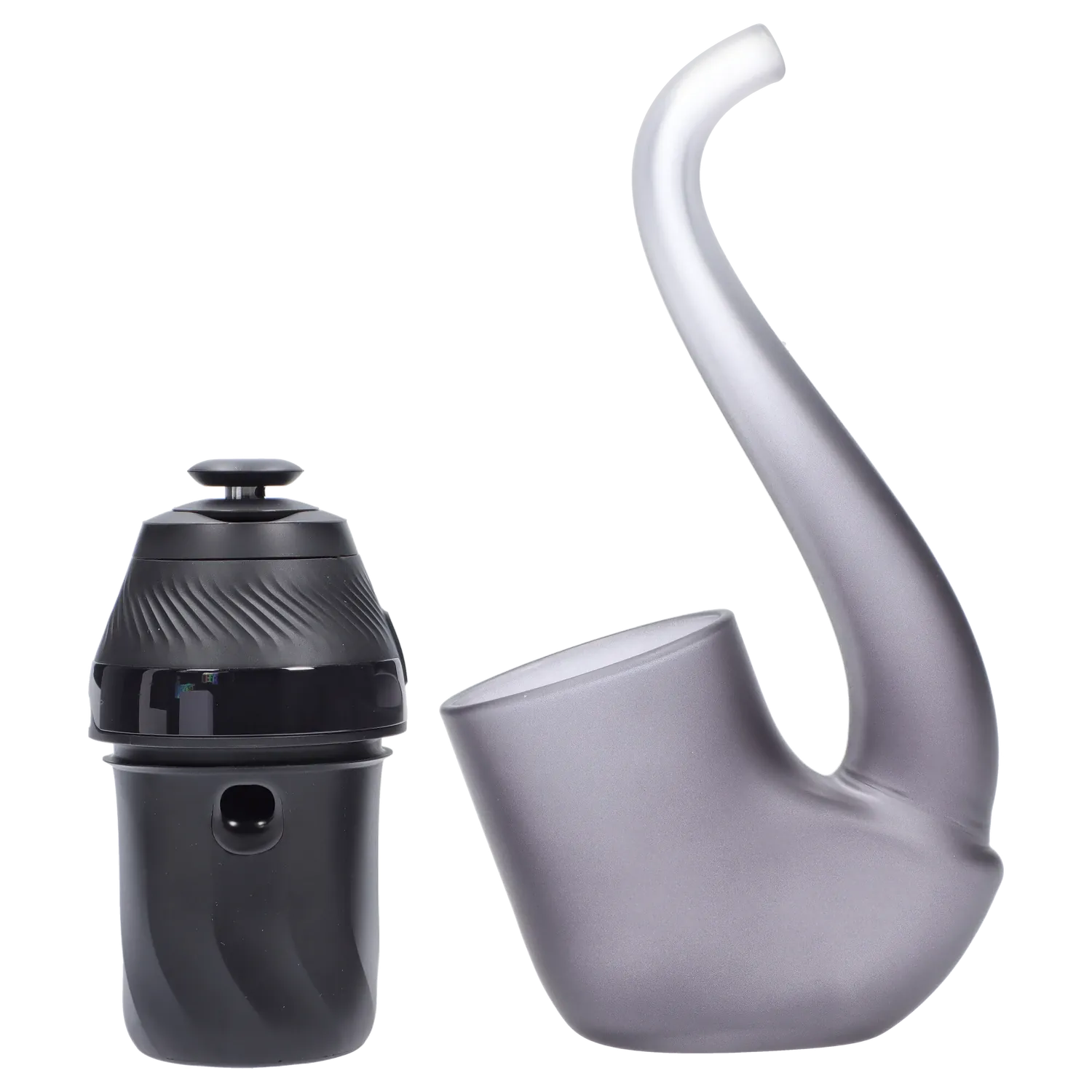 Close-up side view of the Puffco Proxy 2.0 - Onyx showing the matte Onyx curved body and separate textured black mouthpiece against a white background