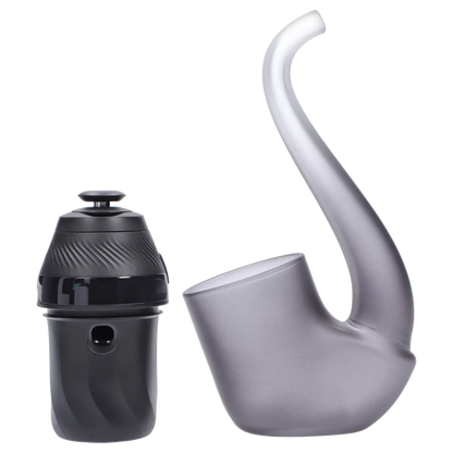Close-up side view of the Puffco Proxy 2.0 - Onyx showing the matte Onyx curved body and separate textured black mouthpiece against a white background