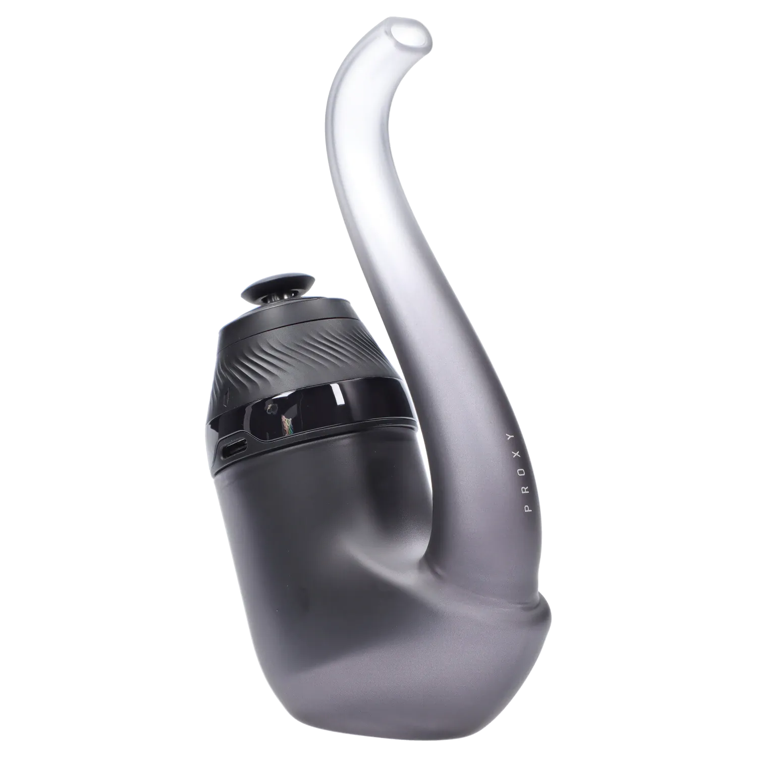 Angled close-up of the Onyx Puffco Proxy 2.0 showing its curved matte black stem and textured chamber against a white background