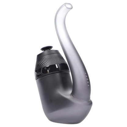 Angled close-up of the Onyx Puffco Proxy 2.0 showing its curved matte black stem and textured chamber against a white background