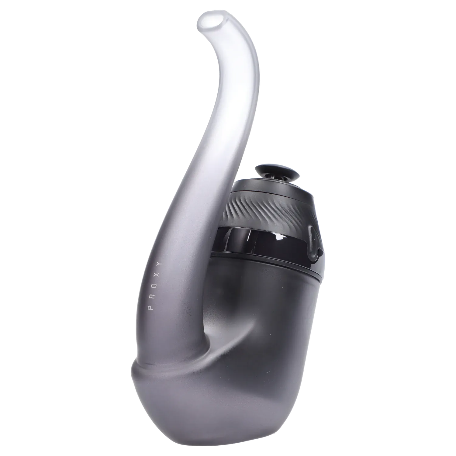 Angled close-up of the Onyx Puffco Proxy 2.0 showing its curved mouthpiece and textured black chamber against a white background