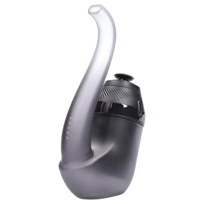 Angled close-up of the Onyx Puffco Proxy 2.0 showing its curved mouthpiece and textured black chamber against a white background