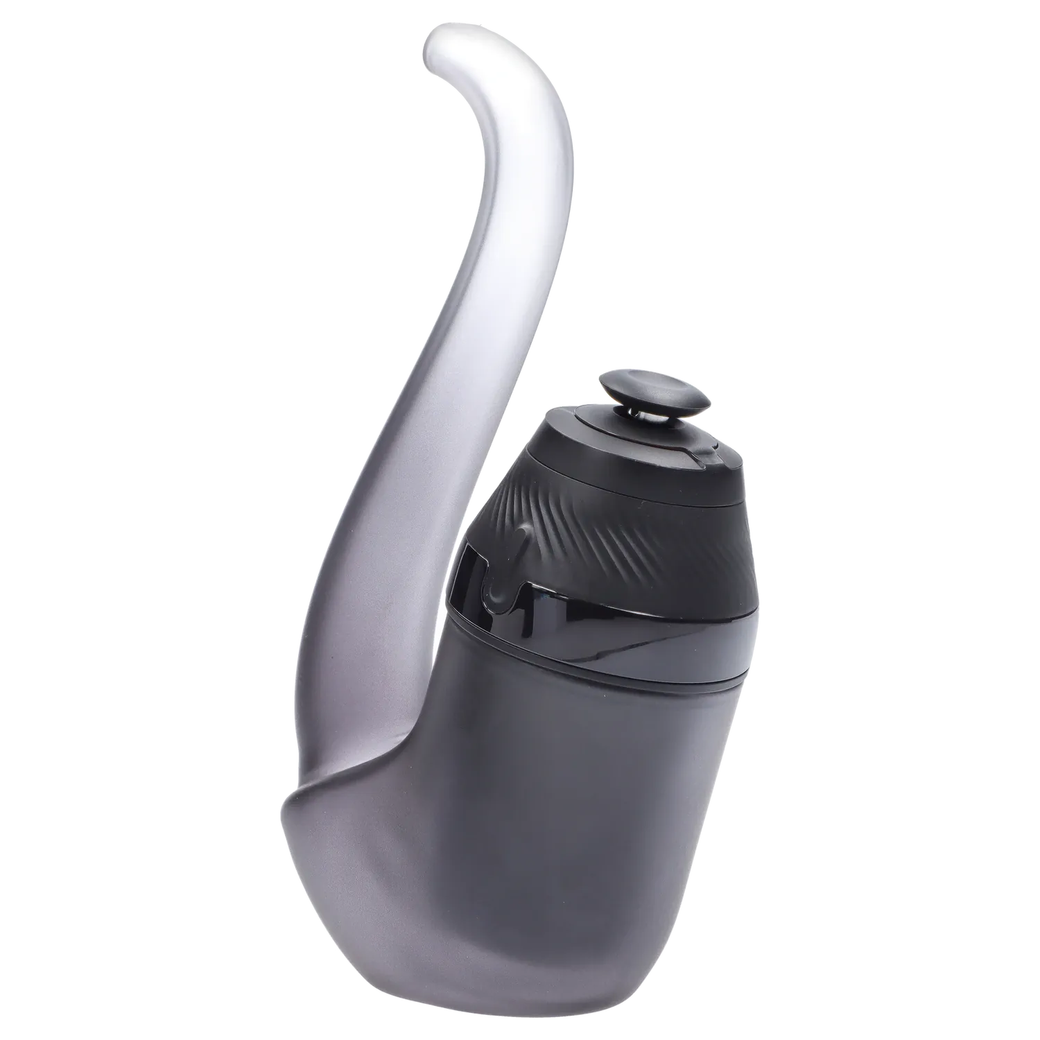 Close-up angled view of the Puffco Proxy 2.0 - Onyx showing its matte black curved body and textured top button against a white background